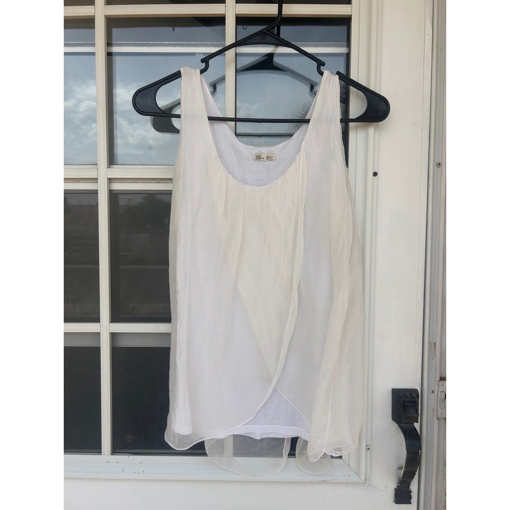 Pura Seta Italy White 100% Silk Layered Draped Tulip‎ Hem Tank Top  Lagenlook
